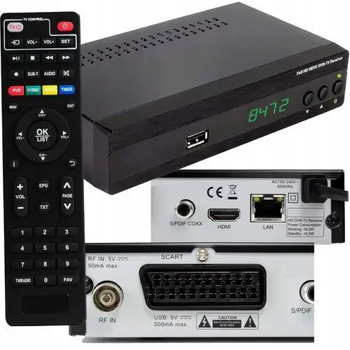 Dekoder DVB-T2 Full Hd Tv Naziemnej Hevc H.265 Tuner Hdmi Scart Usb Pilot