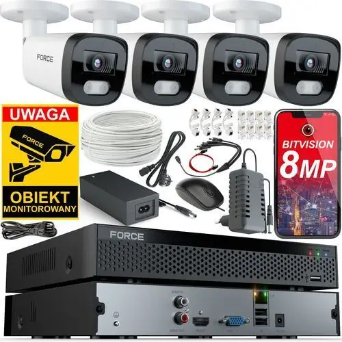 Force Zestaw monitoringu 4x Kamera Ip 8MPx 4K Rejestrator 8CH Aplikacja