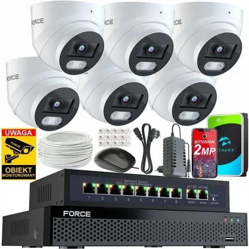 Force Zestaw monitoringu 6x Kamera Ip 2MPx Full Hd, Dysk 1TB Switch Poe