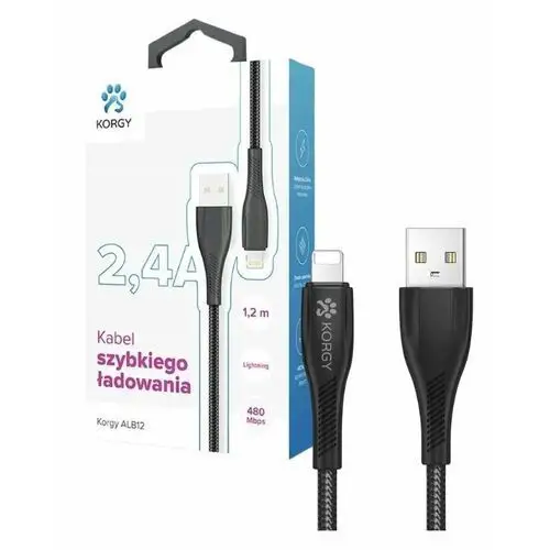 Kabel USB-A - Lightning Korgy ALB12 1.2m Czarny Oplot nylonowy