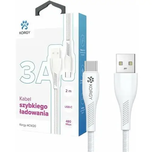 Kabel USB-A - USB-C Korgy ACW20 2m Szybkie Ładowanie Nylonowy Oplot Biały