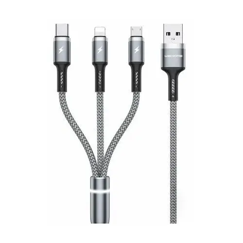 Nd38_wk-wdc-119_silver wekome wdc-119 fython series - kabel połączeniowy 3w1 usb-a do lightning + usb-c + micro usb pd 1.2 m (srebrny) Inny producent