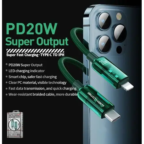 Inny producent Nd38_wk-wdc-181_green wekome wdc-181 vanguard series - kabel połączeniowy usb-c do lightning super fast charging pd 20w 1.2 m (zielony)