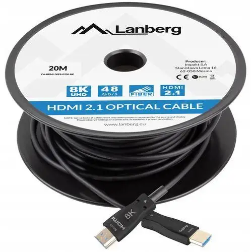 Kabel 20m Hdmi Lanberg v2.1 Premium optical 8K Uhd