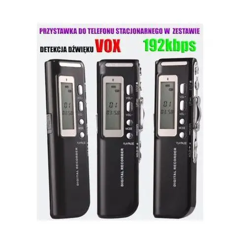 Rejestrator Dźwięku/Dyktafon Cyfrowy (4GB) + Zapis Rozmów Tel. + Współpraca z PC + VOX + MP3