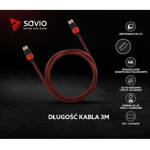 Savio Kabel hdmi v2.0 gcl-04 3,0m, dedykowany do pc, gamingowy, ofc, 4k czerwono-czarny, złote końcówki