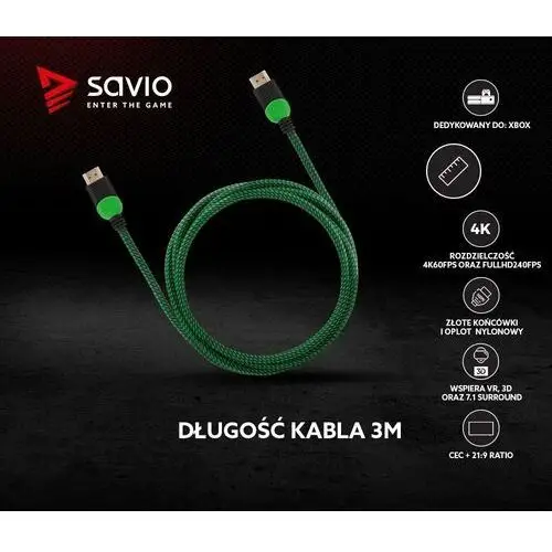 Savio Kabel hdmi v2.0 gcl-06 3,0m, dedykowany do xbox, gamingowy, ofc, 4k, zielono-czarny, złote końcówki