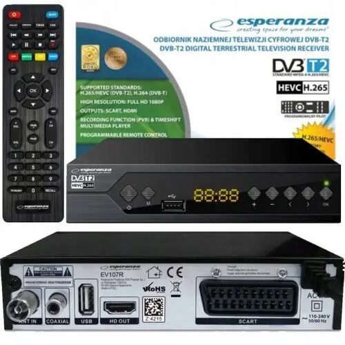 Tuner Dekoder DVB-T2 Tv Naziemnej H.265 Hevc Full Hd Usb Hdmi Pilot EV107R